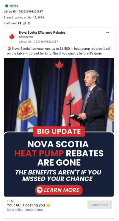 Ad displayed as Nova Scotia Efficiency Rebates, Library ID 1763936998220887. Its creative says Nova Scotia heat pump rebates are gone and the benefits are not. The accompanying copy says up to $6,500 is still on the table. Both statements are retained in the crop.